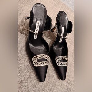 Manolo Blahnik Black Heels with Crystal Ankle and Emblem Embellishments, 37.5
